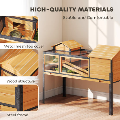 Wooden Tortoise House with Stand Legs, Clear Observation Windows, Ramps, Openable Top, Built-in Tray, Yellow
