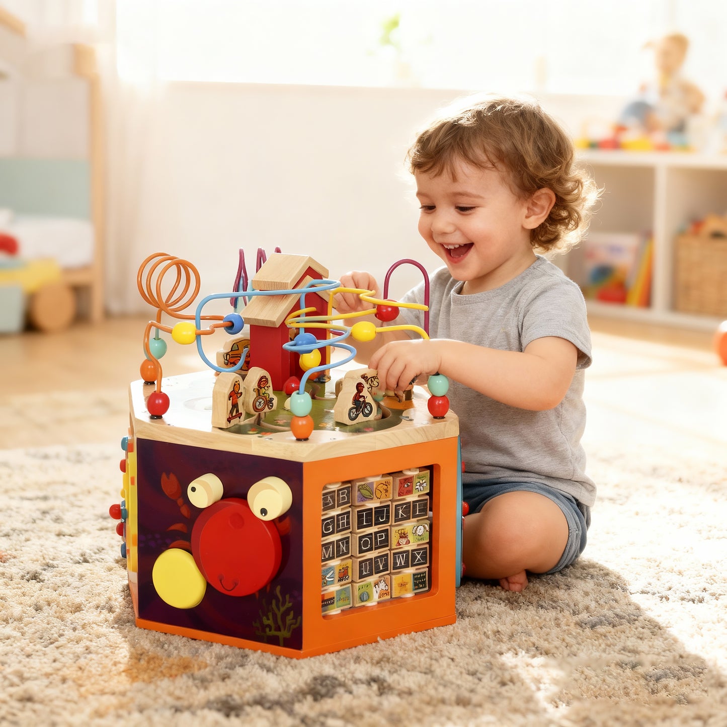 8 in 1 Wooden Activity Cube with Bead Maze, Shape Sorter, for Kids Boys Girls 18+ Months