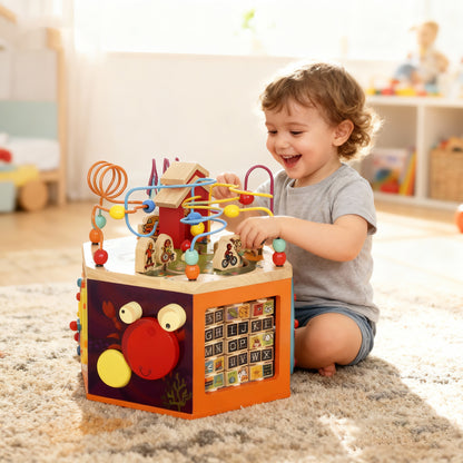 8 in 1 Wooden Activity Cube with Bead Maze, Shape Sorter, for Kids Boys Girls 18+ Months