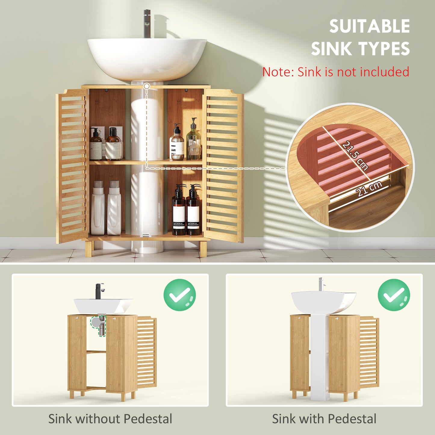 Under Sink Bathroom Cabinet, Freestanding Bamboo Under Sink Cabinet with Louvered Doors and Adjustable Shelf, Natural