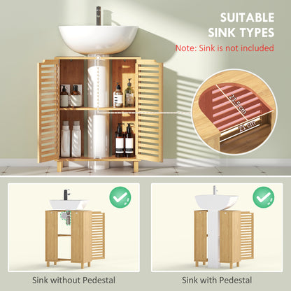 Under Sink Bathroom Cabinet, Freestanding Bamboo Under Sink Cabinet with Louvered Doors and Adjustable Shelf, Natural