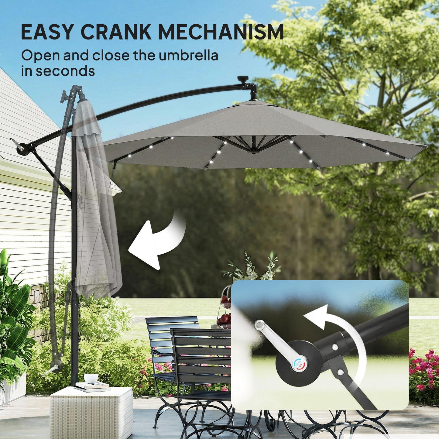 3 m Cantilever Parasol with Solar LED Lights Garden Umbrella with Cross Base, Light Grey