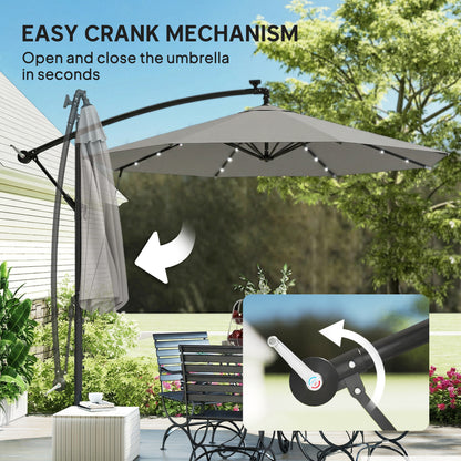 3 m Cantilever Parasol with Solar LED Lights Garden Umbrella with Cross Base, Light Grey
