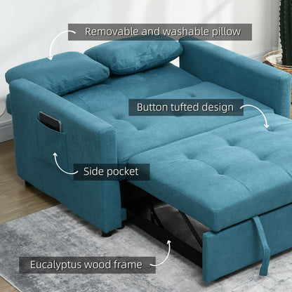 Loveseat Sofa Bed, Convertible Bed Settee with 2 Pillows, Side Pockets, Blue