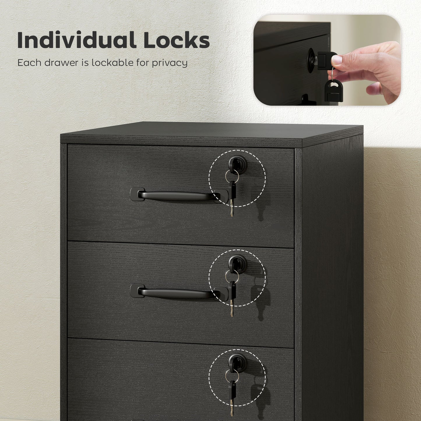 Three Drawer Wood-Effect Filing Cabinet - Black