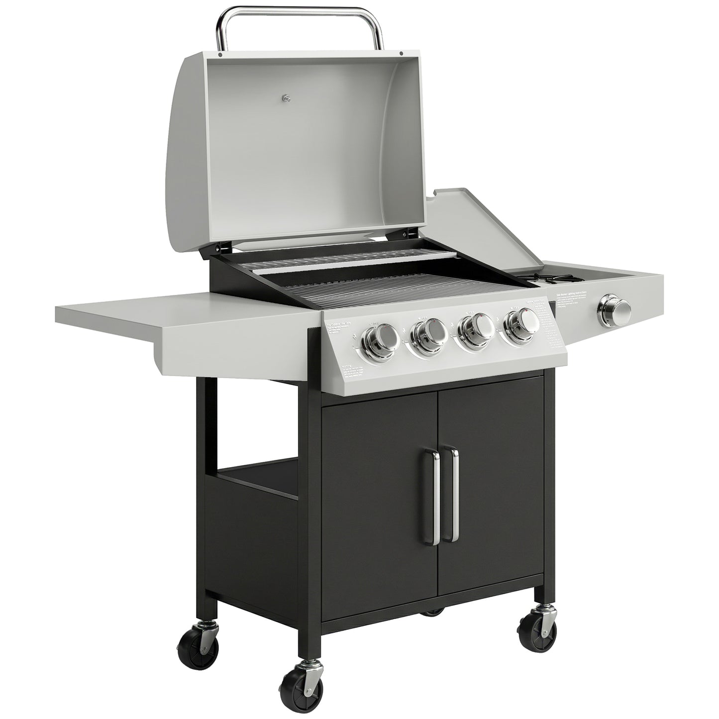 4+1 Burner Gas BBQ Grill with Side Burner, 14.5 kW Steel Portable Gas Barbecue Grill with Built-in Thermometer, Lid