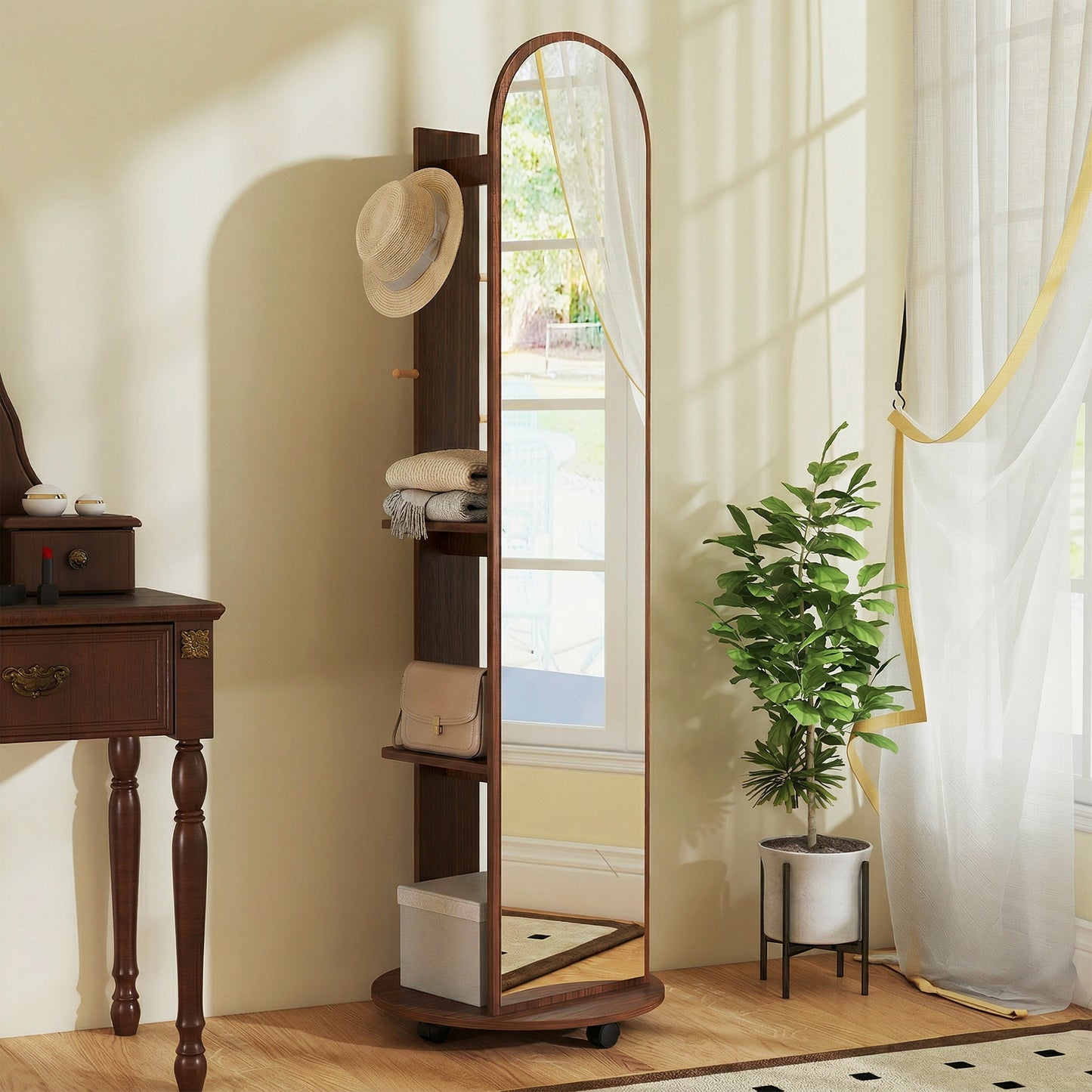 2-in-1 Full Length Mirror with Storage Shelves, Floor Mirror with 4 Wheels, Coat Rack, Hooks, Brown Wood Effect
