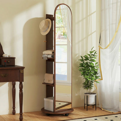 2-in-1 Full Length Mirror with Storage Shelves, Floor Mirror with 4 Wheels, Coat Rack, Hooks, Brown Wood Effect