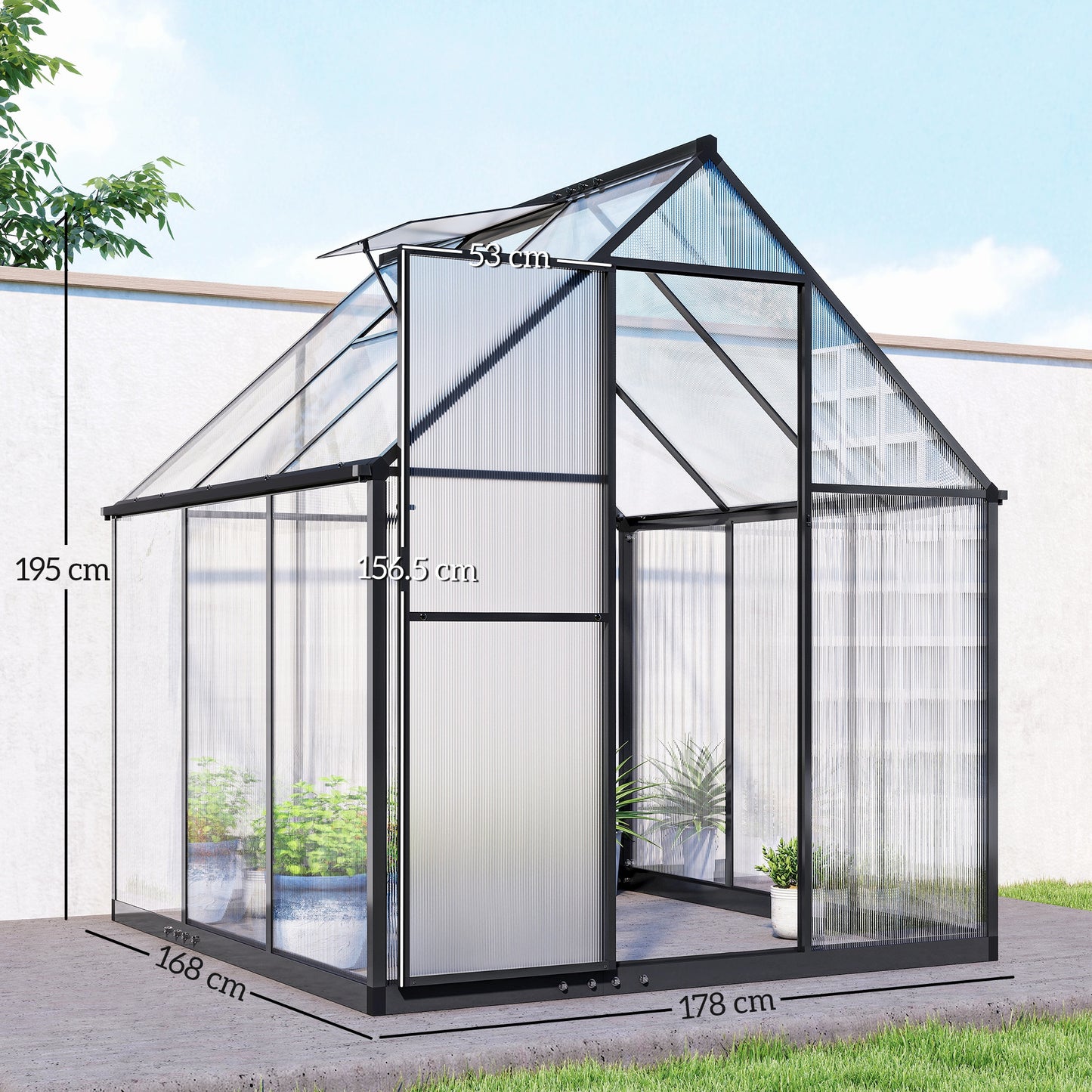 Polycarbonate Greenhouse with Swing Door and Adjustable Window, Walk-in Greenhouse with Rain Gutter, 5.5 x 6ft, Black