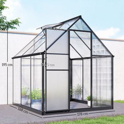 Polycarbonate Greenhouse with Swing Door and Adjustable Window, Walk-in Greenhouse with Rain Gutter, 5.5 x 6ft, Black