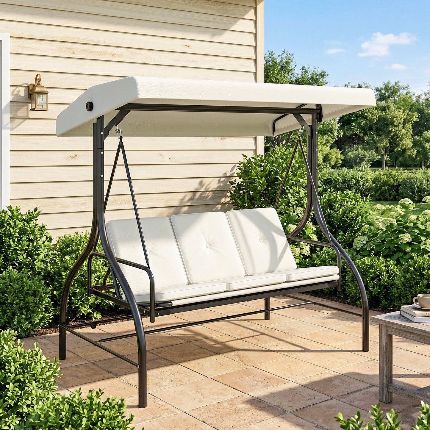 3 Seater Garden Swing Chair, 2 in 1 Convertible Patio Swing Seat Bed with Adjustable Canopy, Cushions and Metal Frame