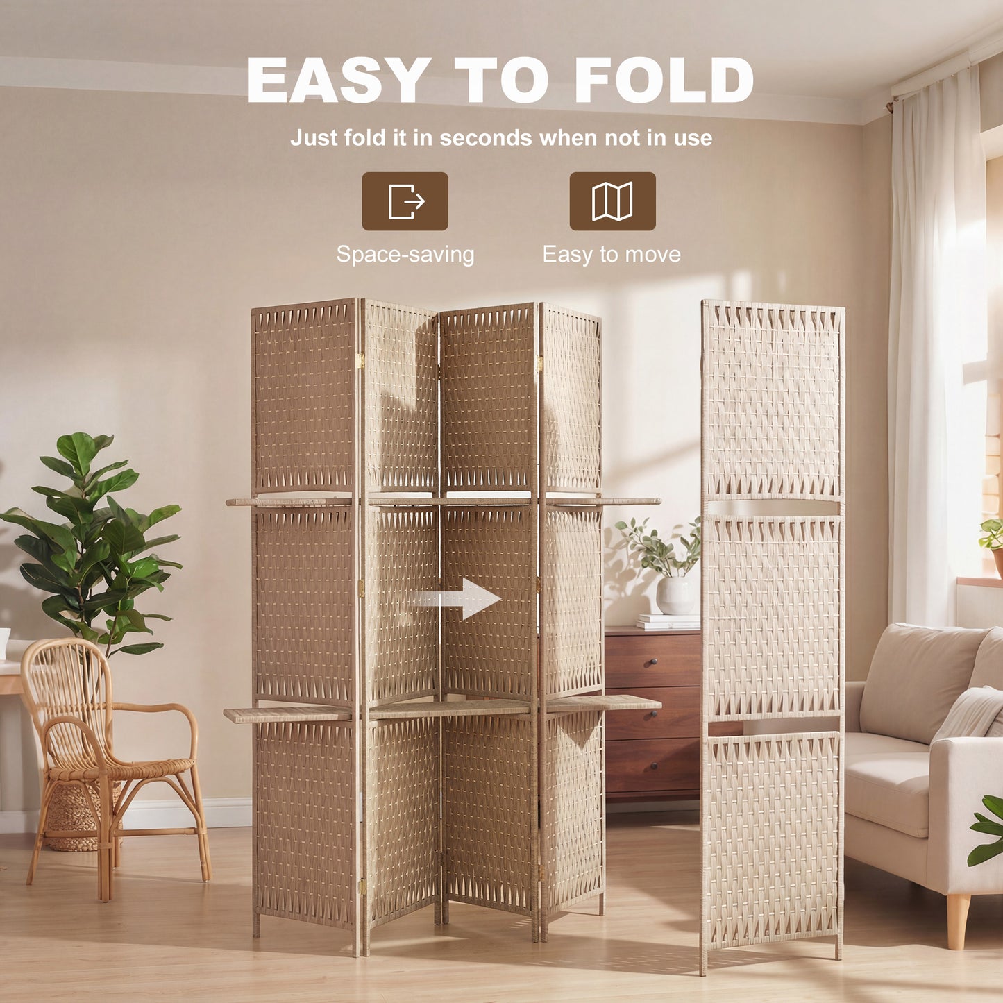 Wave Fibre Freestanding Folding Privacy Screen Panels, Room Divider, Natural Wood Finish