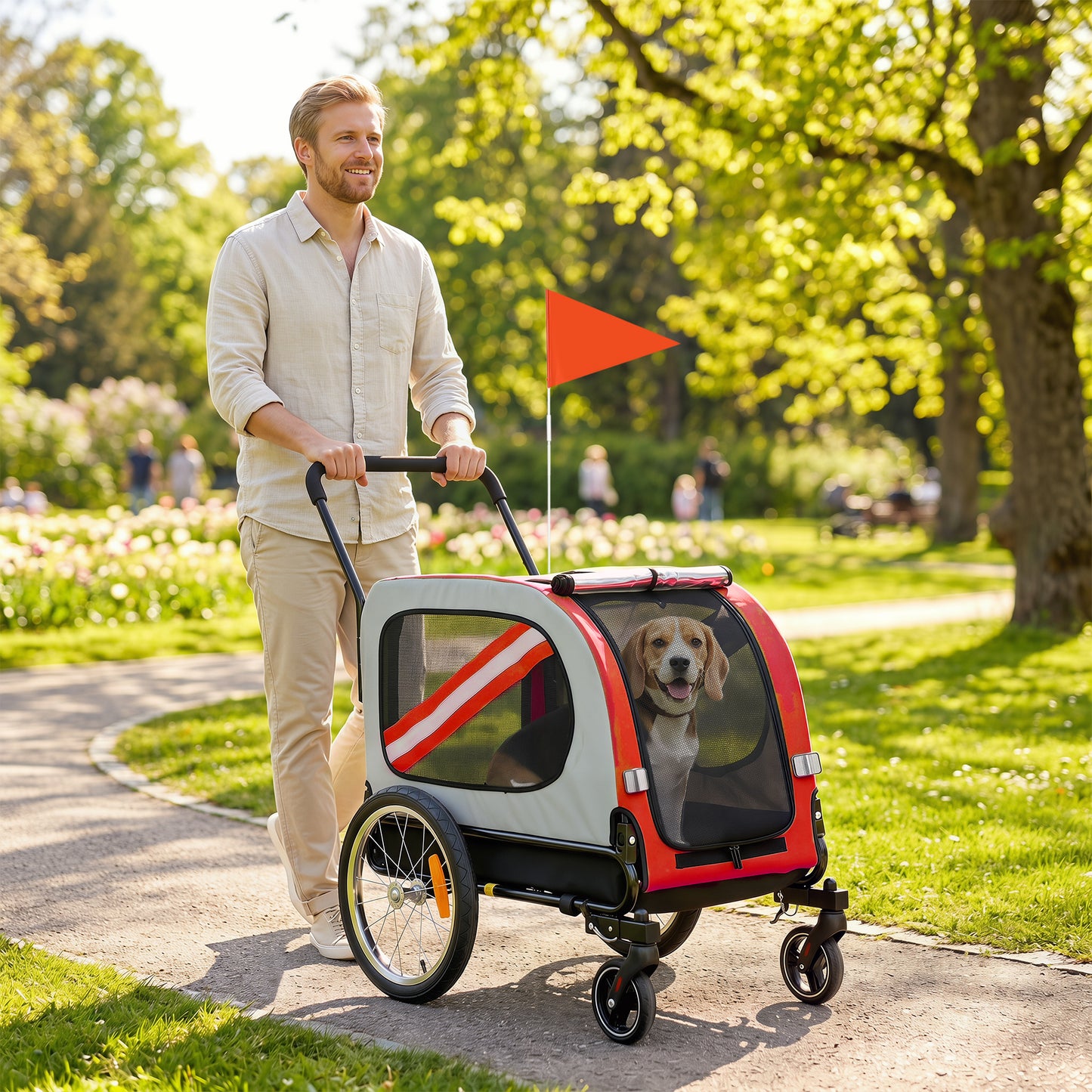 2-In-1 Dog Bike Trailer Pet Stroller with Universal Wheel Reflector Flag Red