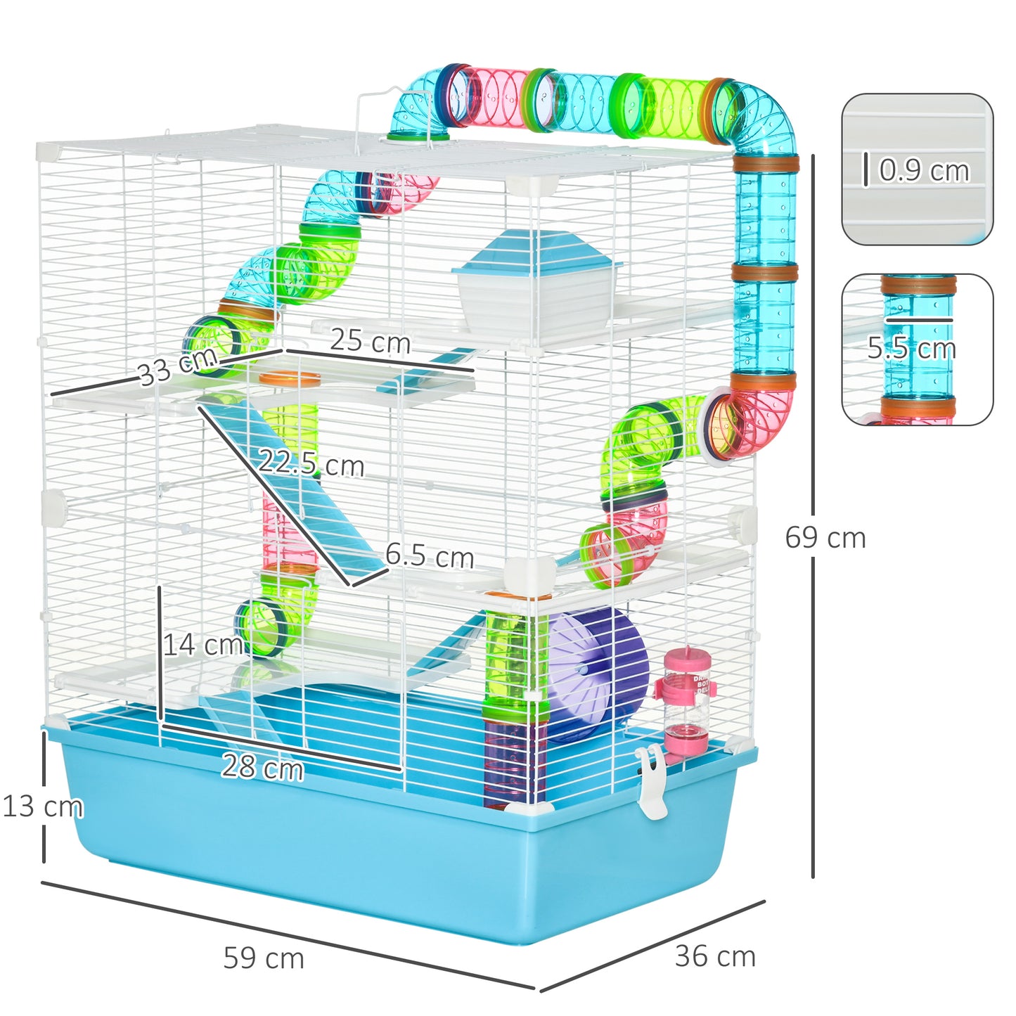 Hamster Cage w/ Water Bottle, Exercise Wheel, Tubes, Ramps - Light Blue