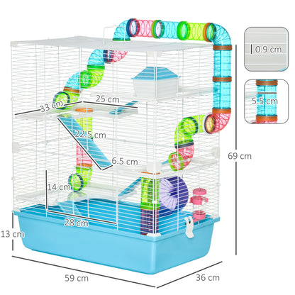 Hamster Cage w/ Water Bottle, Exercise Wheel, Tubes, Ramps - Light Blue