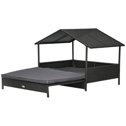 Extendable Elevated Dog Bed, Rattan Dog House w/ Water-Resistant Roof, Removable Cushion - Grey