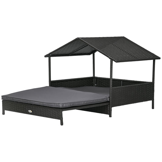 Extendable Elevated Dog Bed, Rattan Dog House w/ Water-Resistant Roof, Removable Cushion - Grey