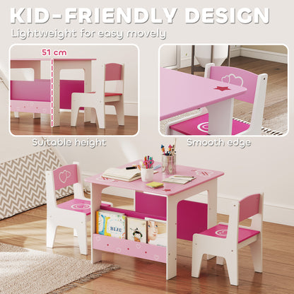 3 Pieces Kids Table and Chair Set, Toddler Activity Table with Bookshelves, for Living Room, Nursery, Playroom, Pink