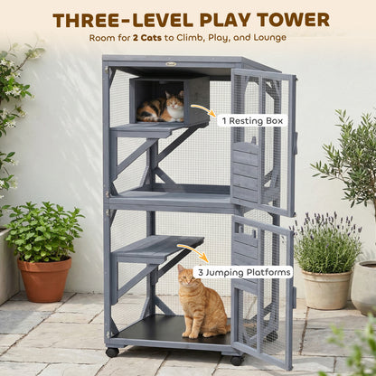 Movable Outdoor Catio with Resting Box, 3 Jumping Platforms, Waterproof Asphalt Roof for Outdoor Indoor