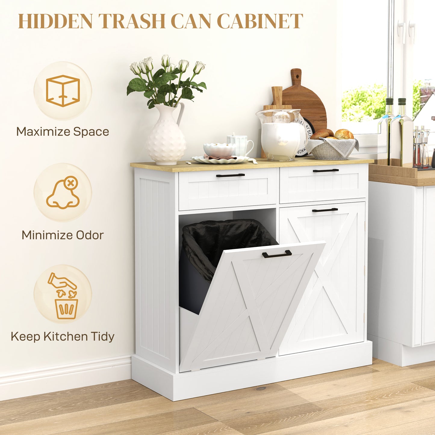 Sideboard with Tilt-out Trash Bin, Farmhouse Kitchen Sideboard with 2 Drawers, Adjustable Shelves, Door Racks, White