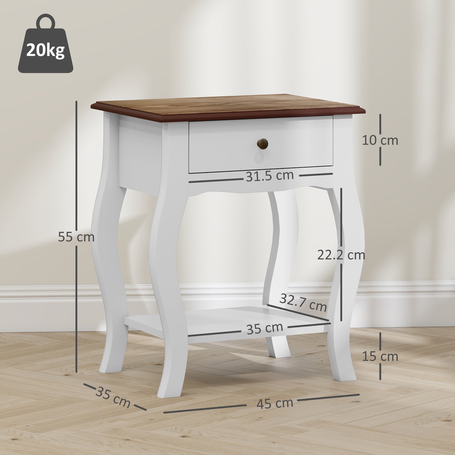 2pcs Bedside Tables with Drawer, French Style Bedside Cabinets with Open Shelf for Bedroom, Living Room, White