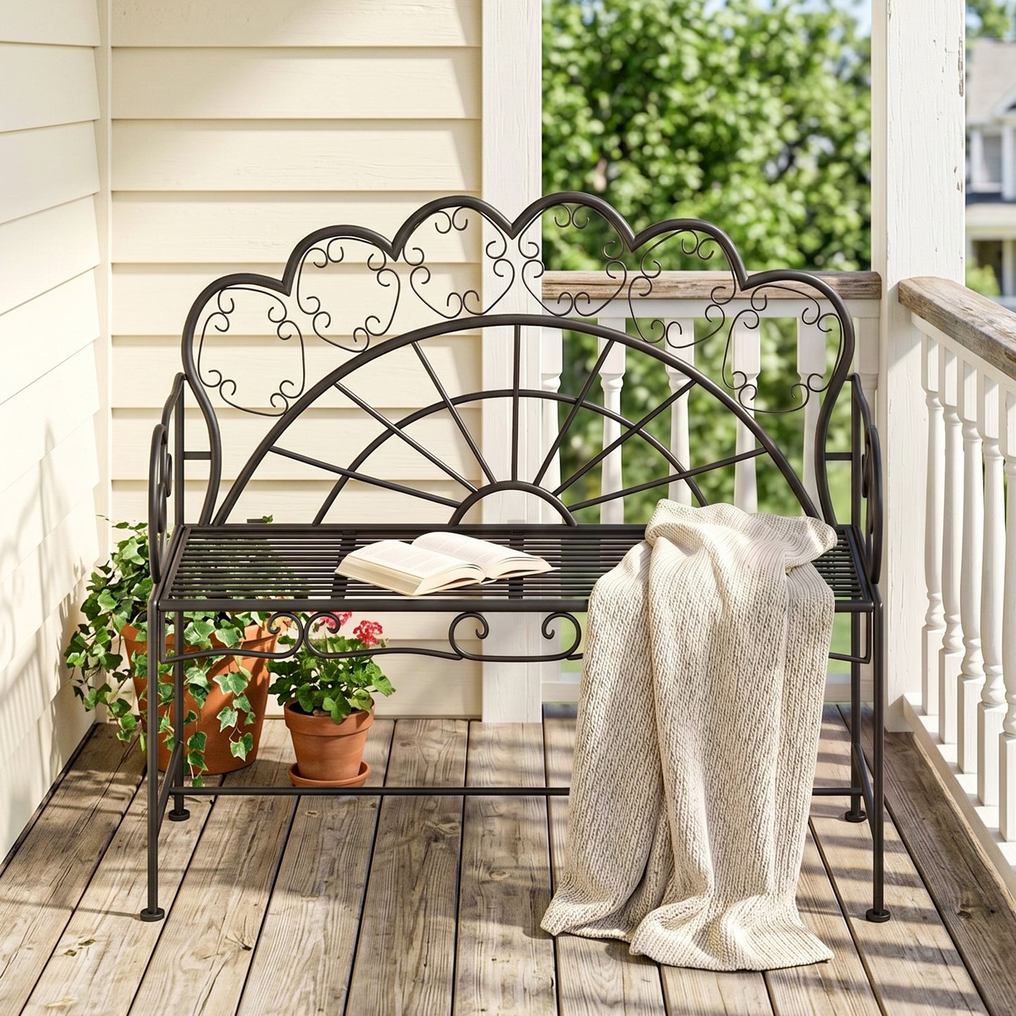 Metal Garden Bench Loveseat with Slatted Seat, Black