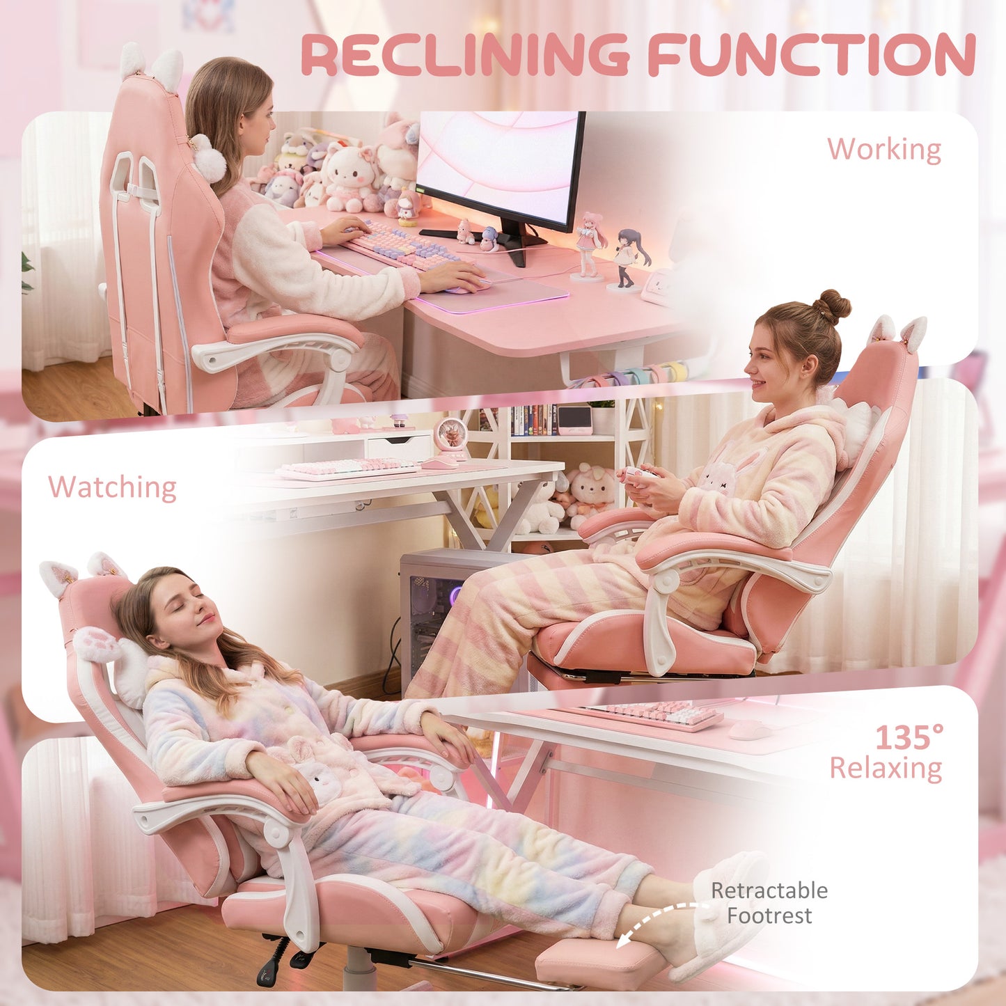 Cat Ear and Paw Reclining Office Chair, with Footrest - Pink/White
