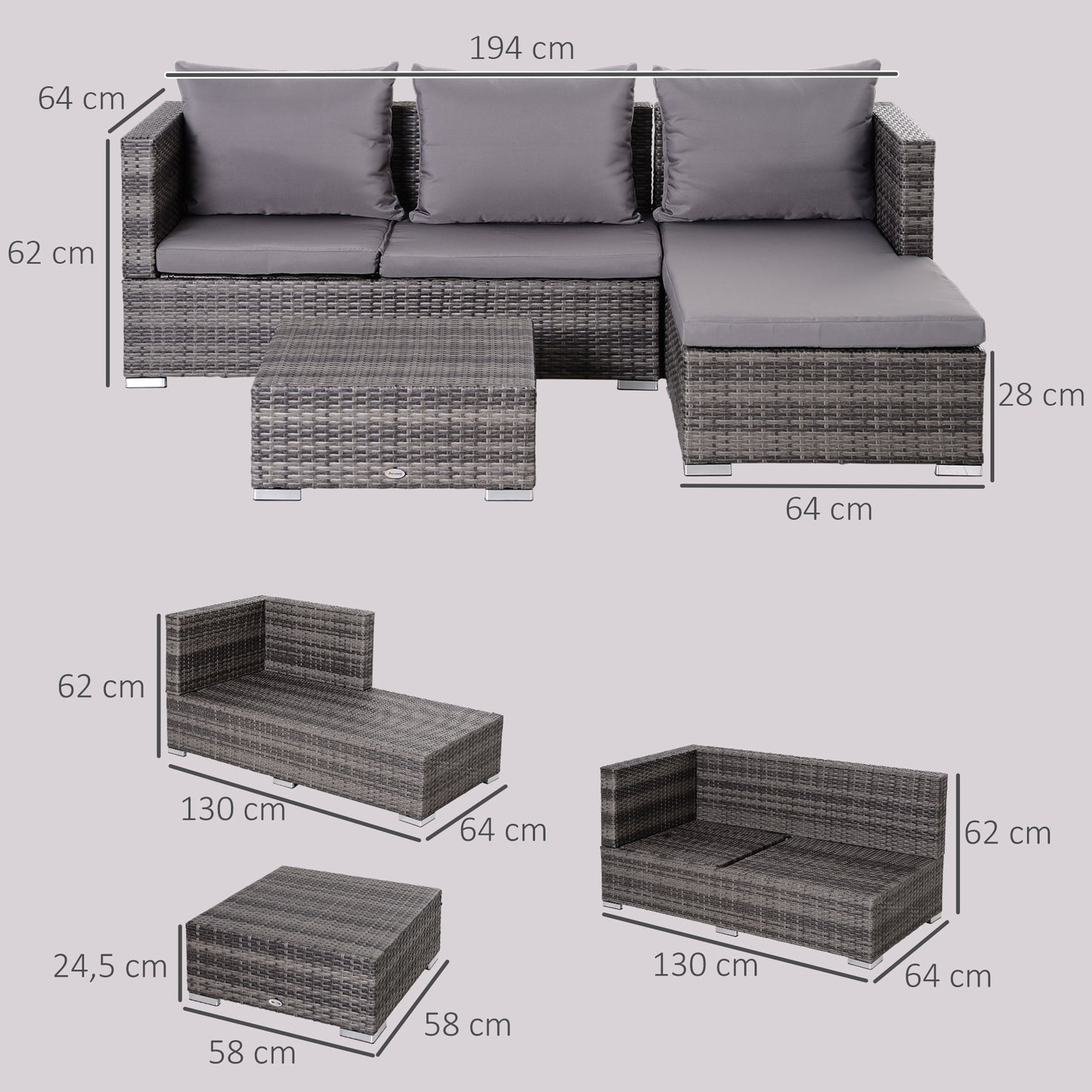3PC Rattan Garden Furniture Storage Sofa Set, 4 Seater Wicker Coffee Table Conservatory Sun Lounger Reclining Set with Cushio