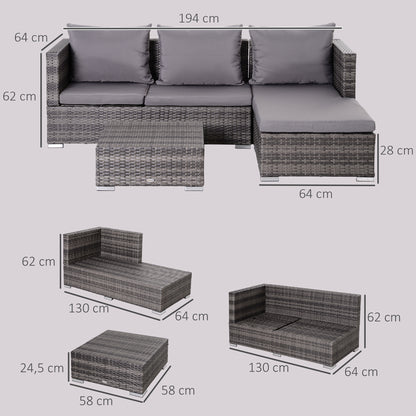 3PC Rattan Garden Furniture Storage Sofa Set, 4 Seater Wicker Coffee Table Conservatory Sun Lounger Reclining Set with Cushio
