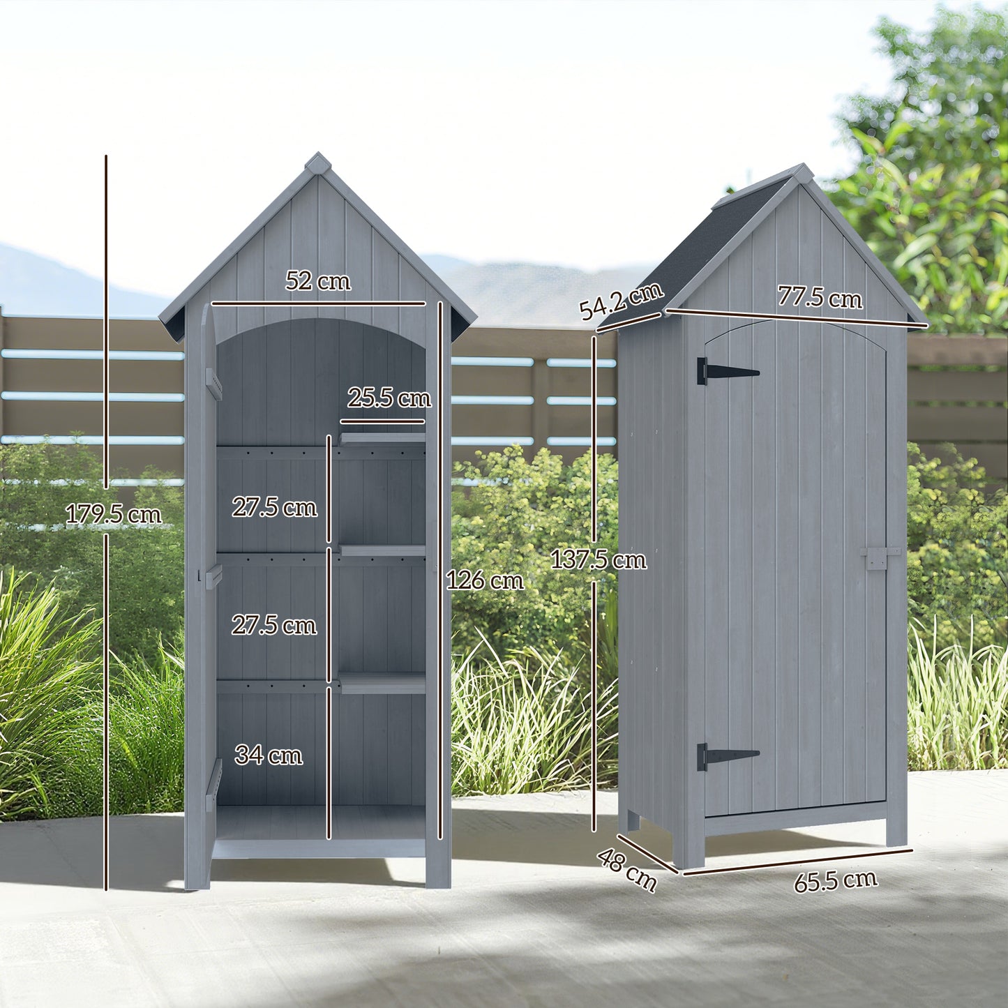 Wooden Garden Storage Shed with 3 Shelves, Outdoor Tool Storage Cabinet with Tilt Roof and Lockable Door