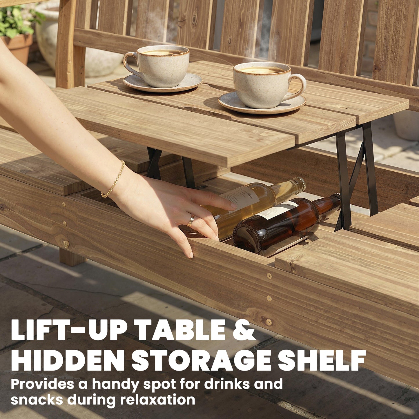 Wooden Garden Bench with Liftable Table & Shelf, 2-3-Seater Outdoor Loveseat with Fir Wood Frame, Teak