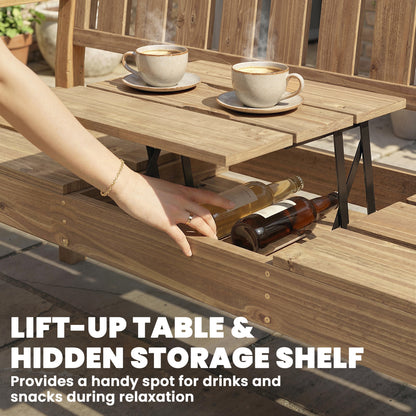 Wooden Garden Bench with Liftable Table & Shelf, 2-3-Seater Outdoor Loveseat with Fir Wood Frame, Teak