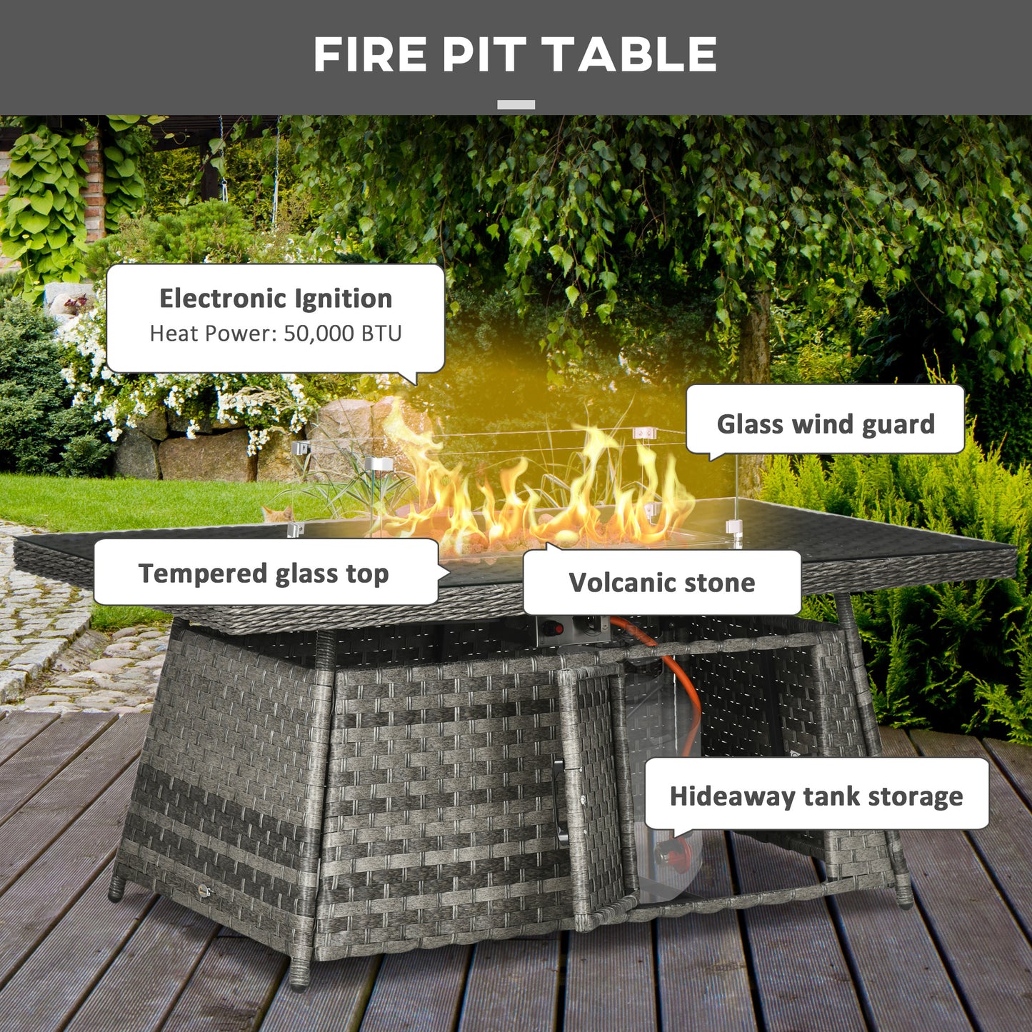 All-Season Fire Pit Patio Furniture Set Wicker Sofa Set With 50000 Btu Fire Table For Outdoor Gatherings - Grey