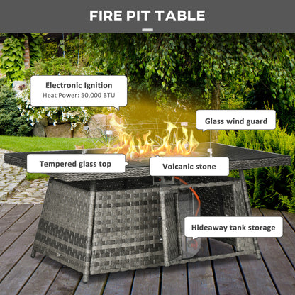 All-Season Fire Pit Patio Furniture Set Wicker Sofa Set With 50000 Btu Fire Table For Outdoor Gatherings - Grey
