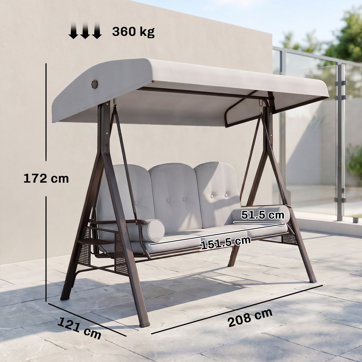3 Seater Canopy Swing Chair, Outdoor Garden Swing Seat with Adjustable Canopy, Cushions and Cup Trays, Steel Frame