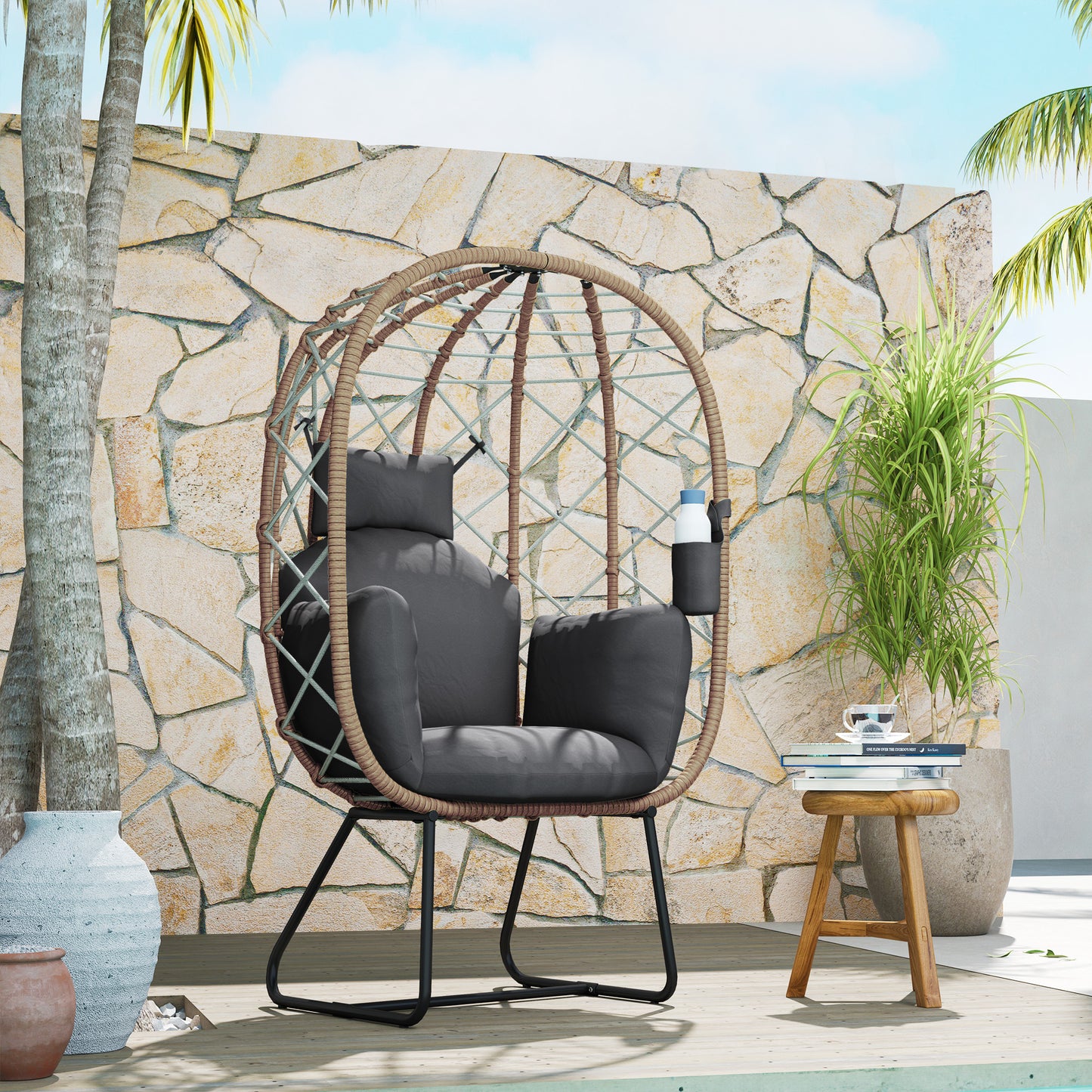 Rattan Egg Chair Outdoor Indoor Wicker Chair with Thickened Cushion and Headrest, Standing Garden Egg Chair with Cup Holder