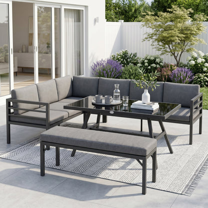 4 Piece L-shaped Garden Furniture Set 8-Seater Aluminium Outdoor Dining Set Conversation Sofa Set w/ Bench
