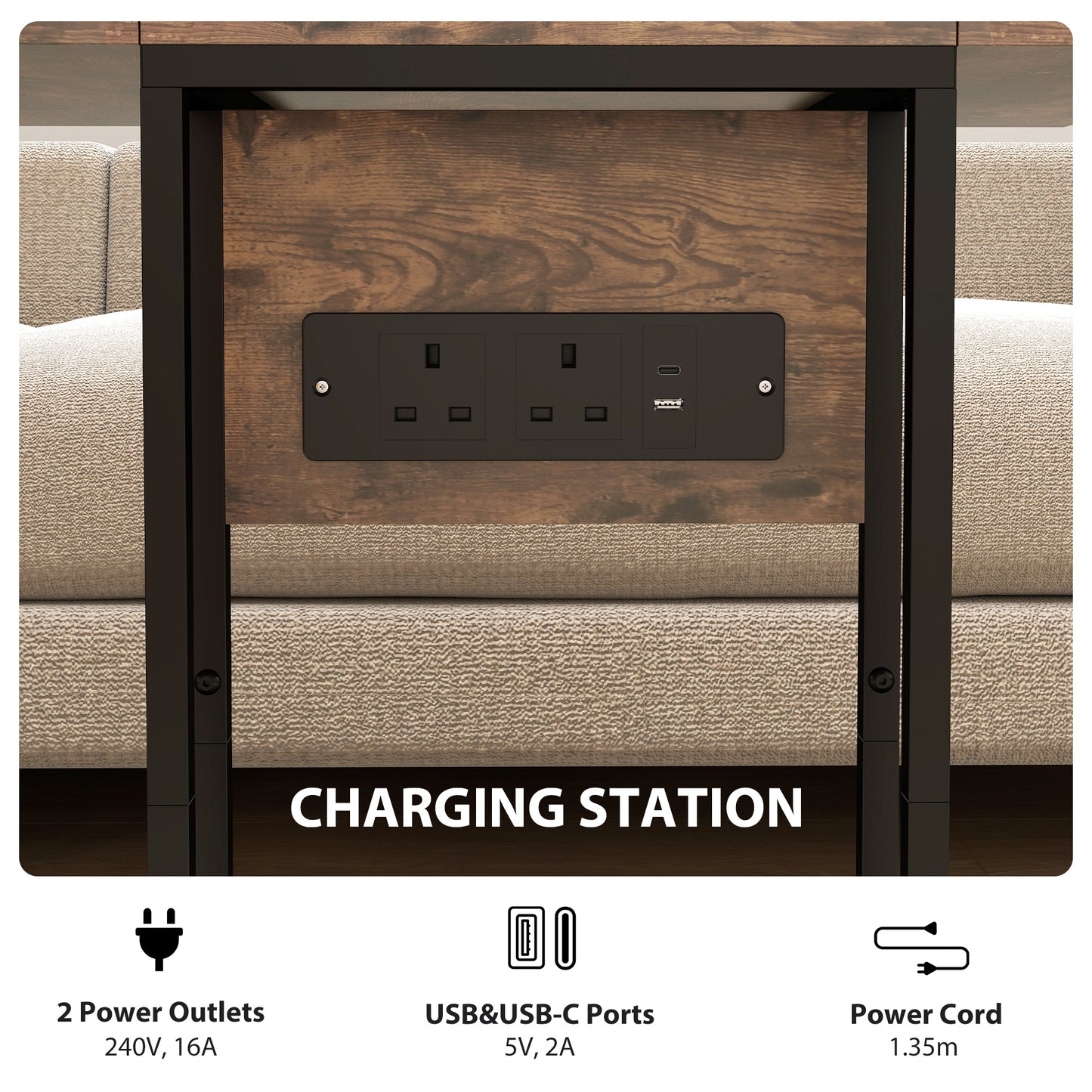 C Shaped Side Table with Charging Station and Foldable Top - Rustic Brown