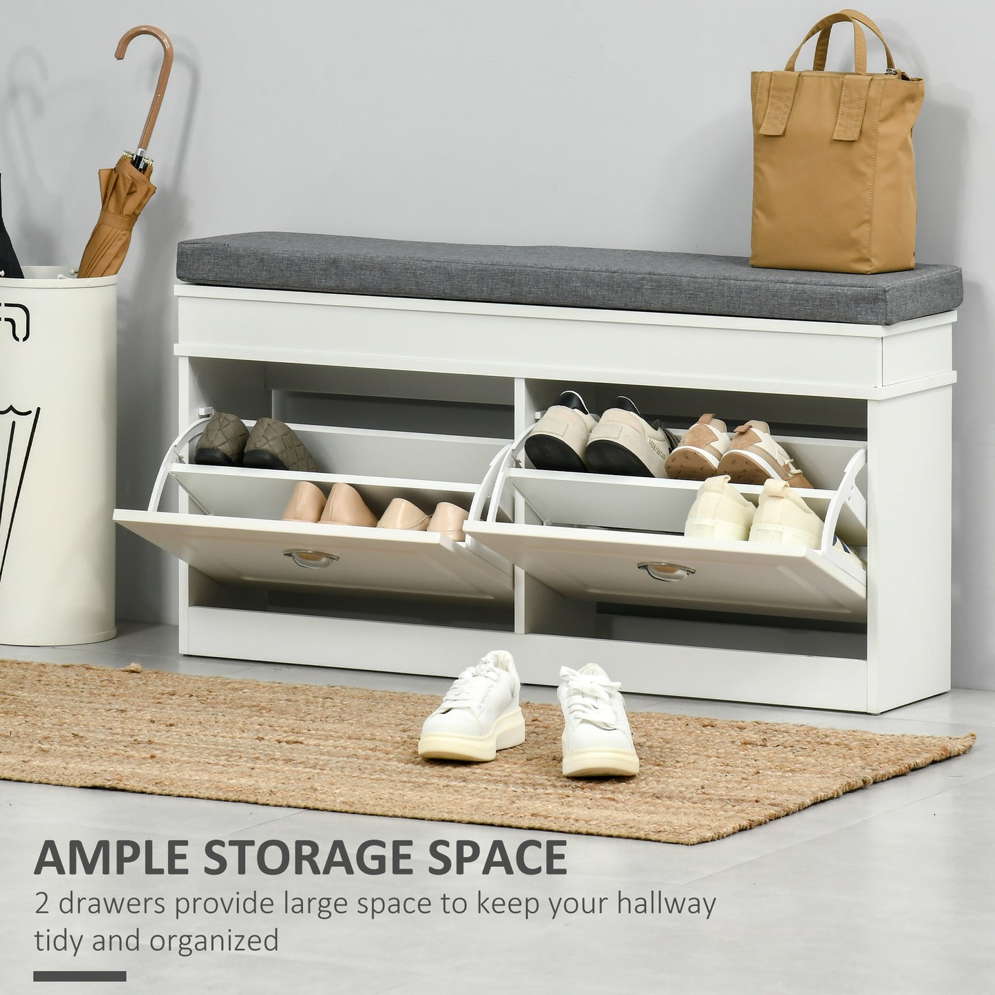 Shoe Storage Bench with Cushion & Drawers – White
