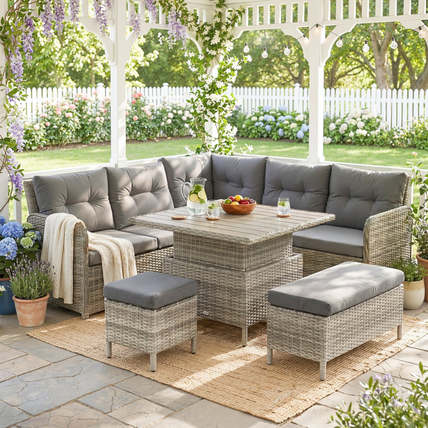 7 Seater Rattan Garden Furniture Set, 6 Piece Patio Dining Set with Liftable Coffee Table and Soft Padded Cushion