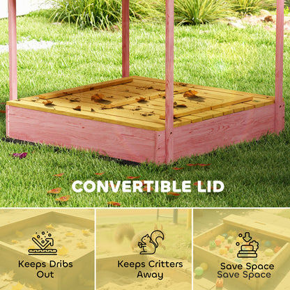 Wooden Sandbox with Lid, Flamingos Print Canopy, Kids Outdoor Sand Pit with Foldable Bench Seats, Bottom Liner, Pink