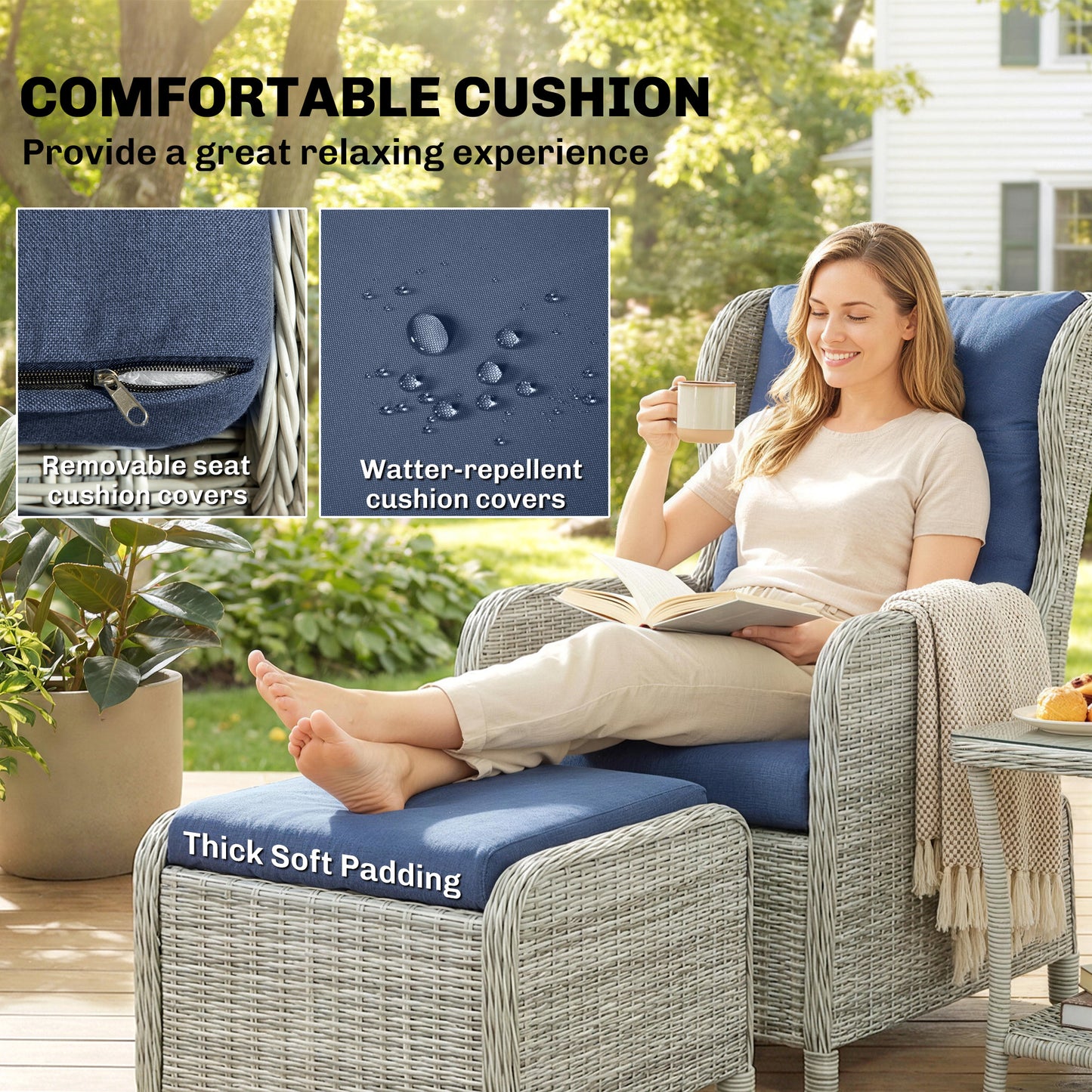 5 Piece Garden Furniture Set, Rattan Reclining Garden Chair Set of 2 with Footstool and Cushion for Balcony, Dark Blue