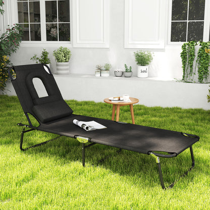 Outdoor Folding Sun Lounger with Face Hole, 4 Level Adjustable Backrest Reclining Garden Lounger
