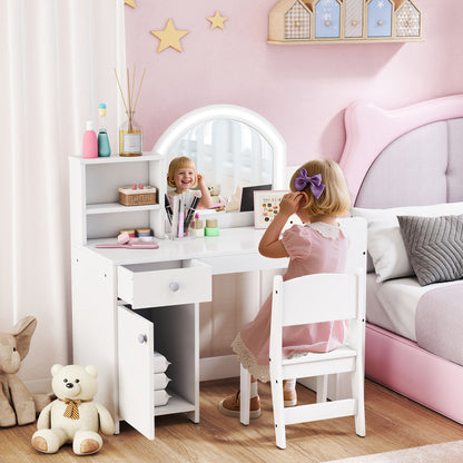 Kids Vanity Table and Chair Set, Girls Dressing Table with 2-Colour LED Mirror, Stool, Cabinet, Drawer, Shelves, White