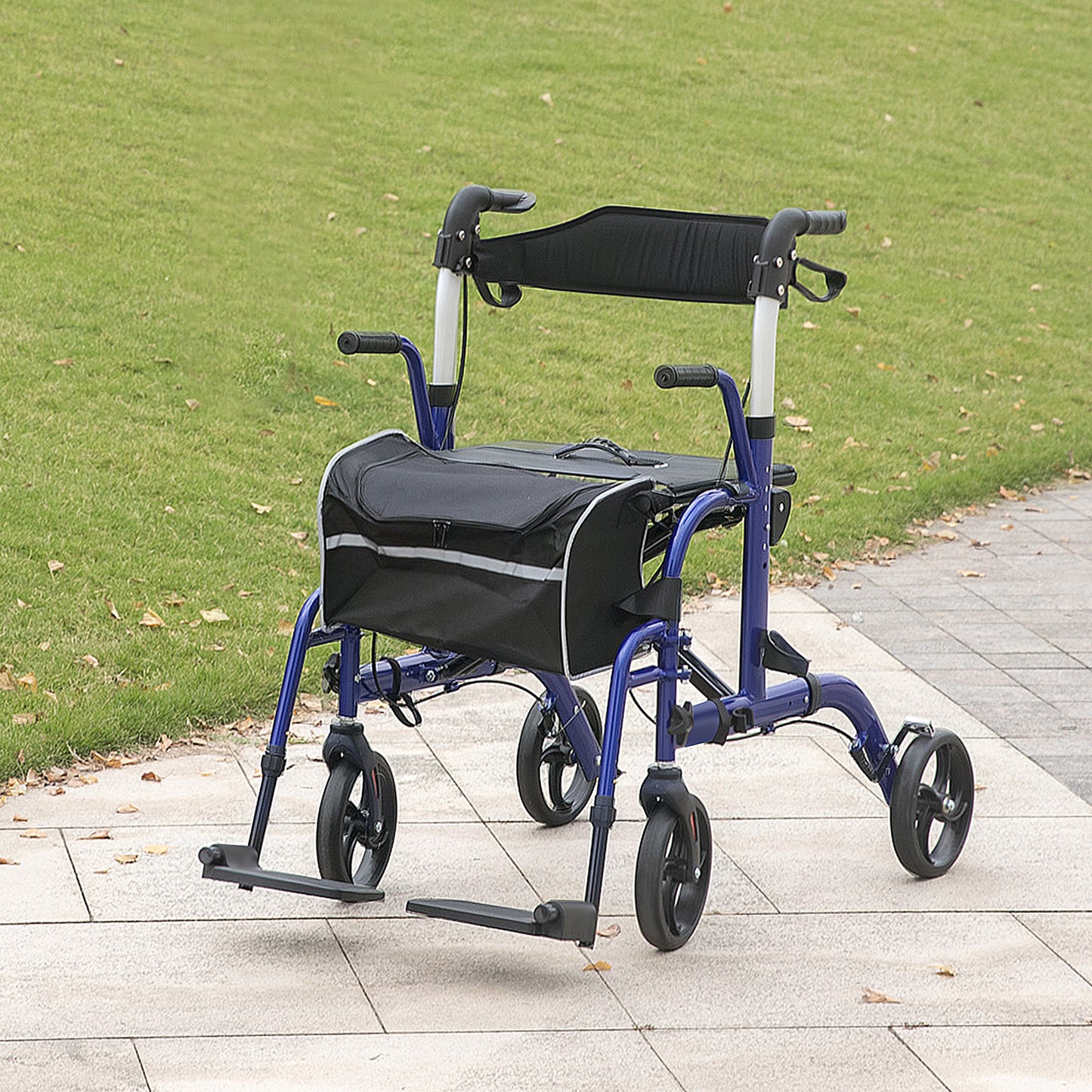 2 in 1 Wheelchair Transport Chair & Folding Rollator Walker with Seat, Backrest, Footrest, Lightweight Walking Frame
