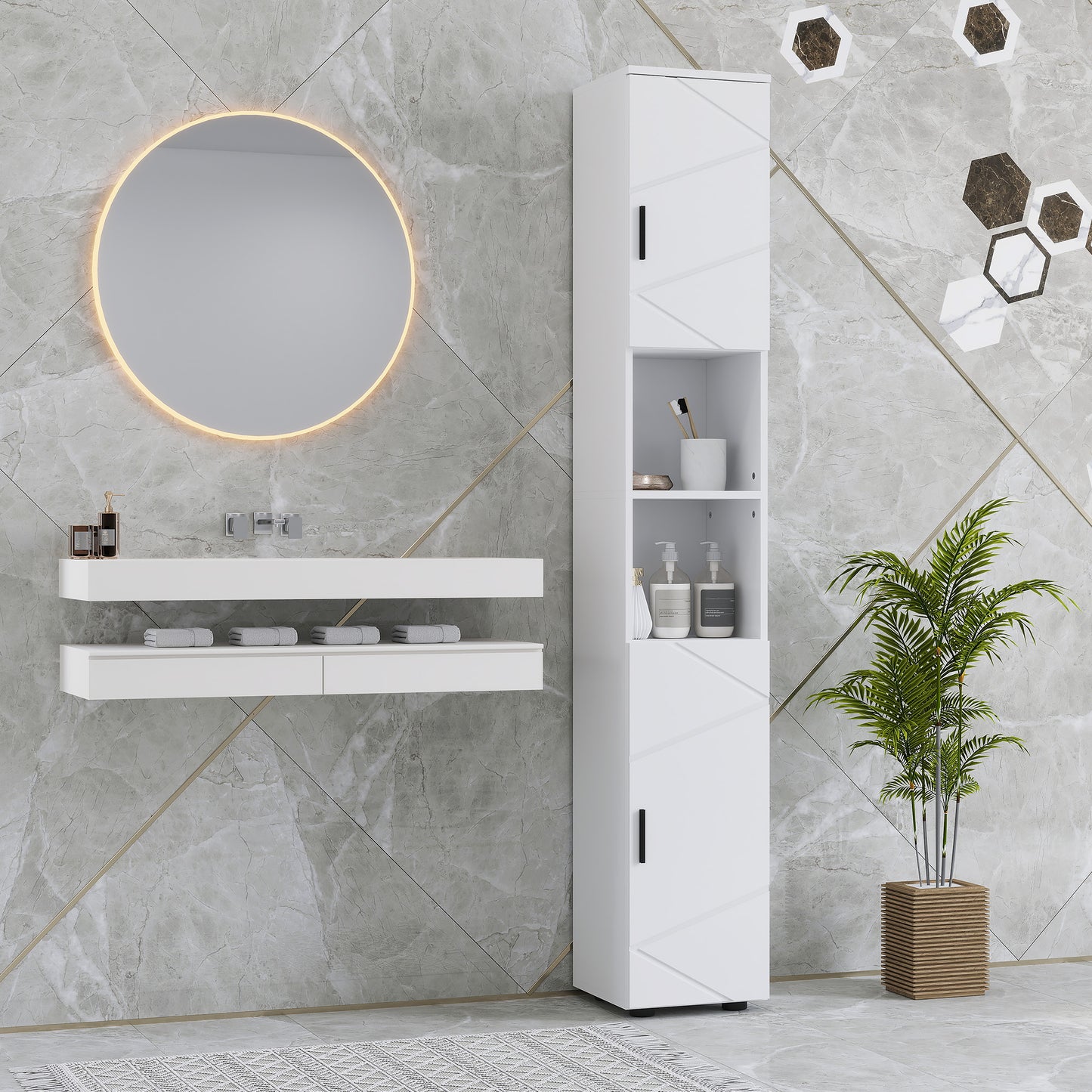 Line Embossed Tall Bathroom Storage Cabinet - White