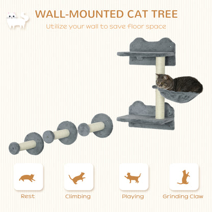 4 Piece Cat Shelf with Scratching Post, Wall-Mounted Cat Tree for Indoor Cat - Grey