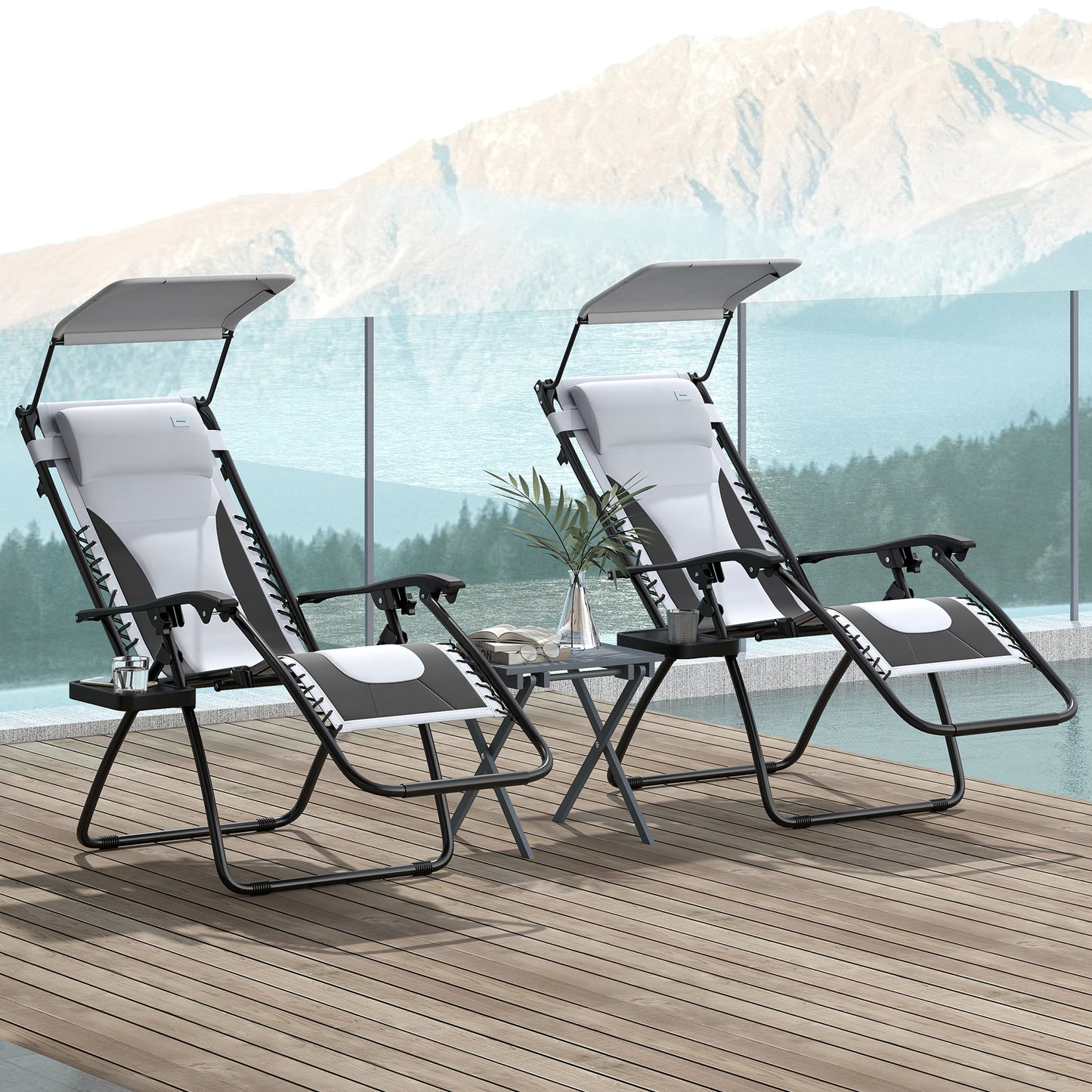Zero Gravity Lounger Chair Set of 2, Folding Reclining Patio Chair with Shade Cover, Padded Seat, Cup Holder