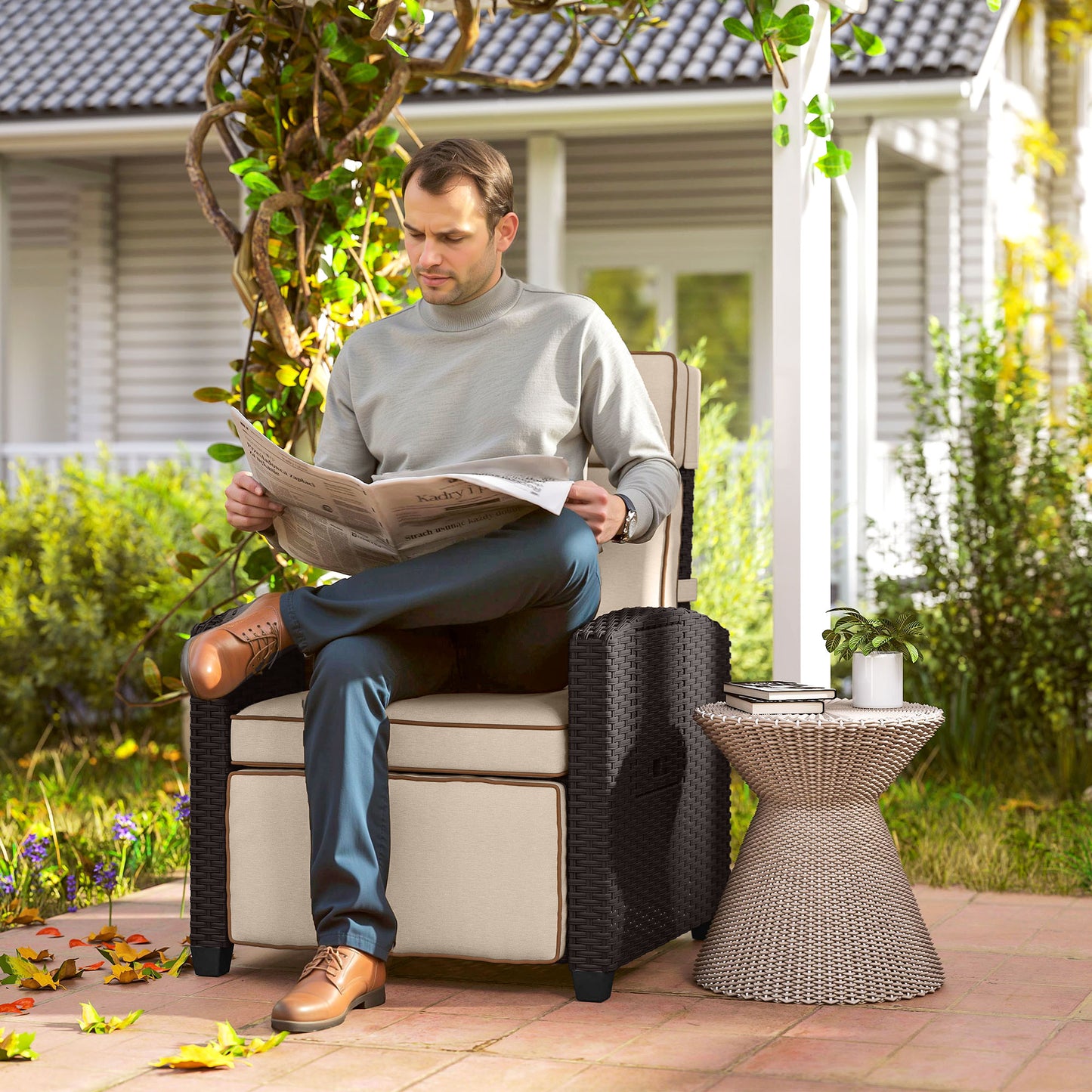 145° Reclining Rattan Armchair, with Footrest - Brown/Khaki