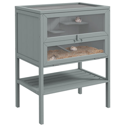 Wooden Hamster Cage 3 Tier House w/ Storage Shelf, Openable Top for Gerbils, Grey